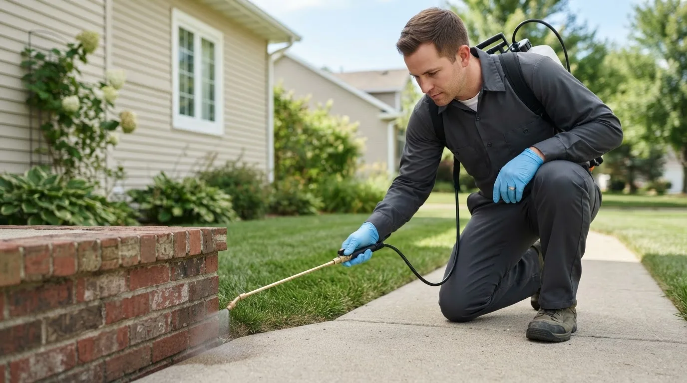Pest control technician treating a home near Anton, TX