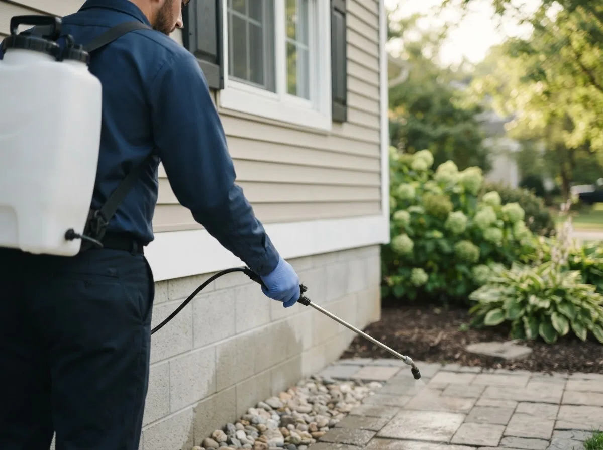 Pest control technician inspecting a home in Anton, TX